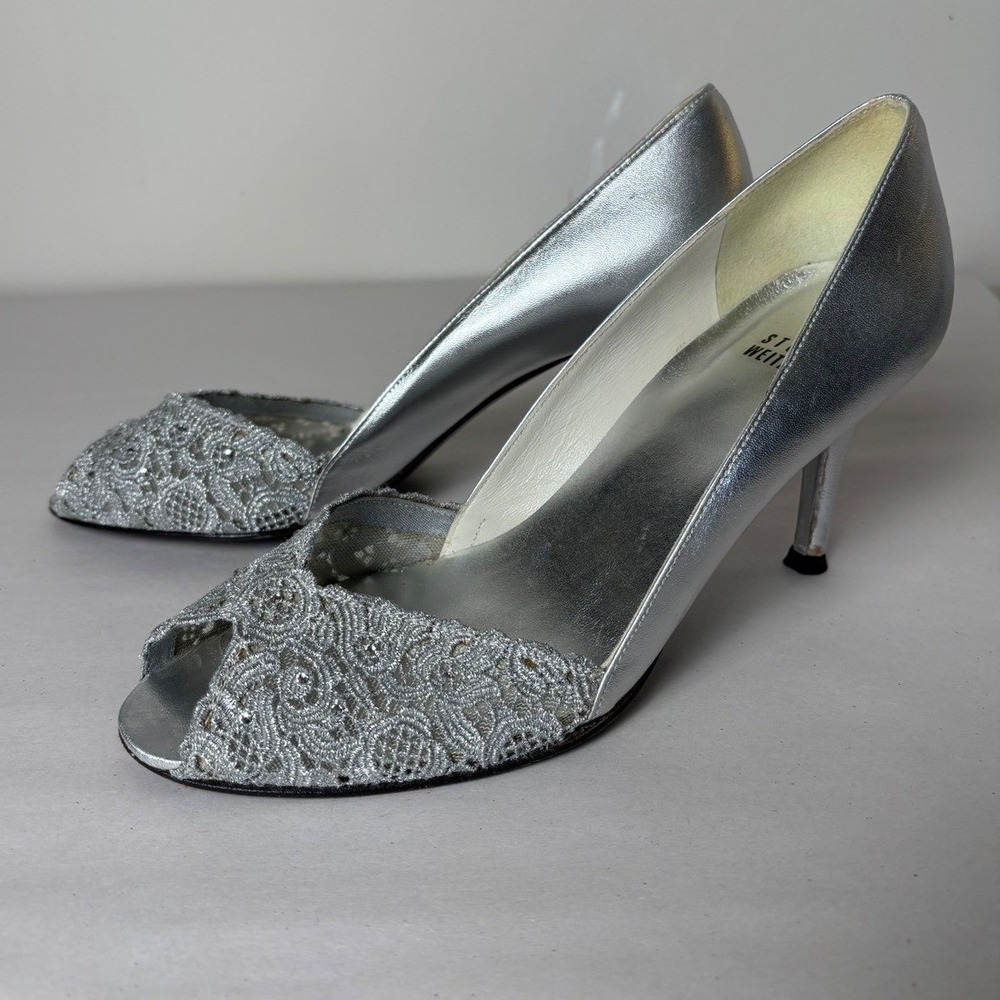 Stuart Weitzman Silver Lace Peep Toe Heels 7 Designer Formal Evening Pumps